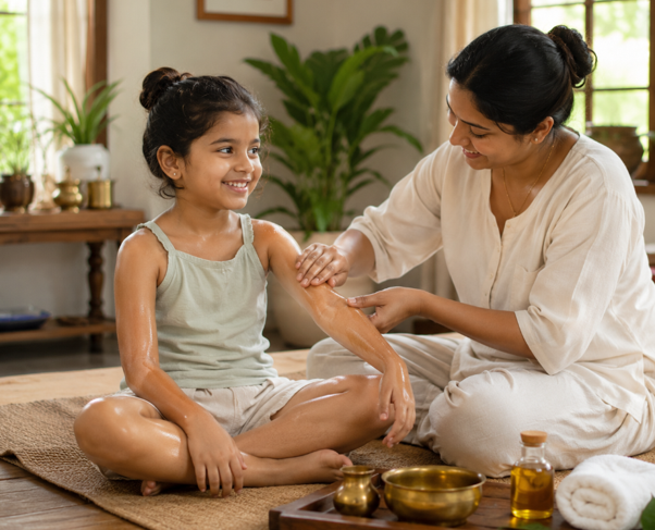 Ayurvedic child care in Abu Dhabi with gentle herbal oil massage
