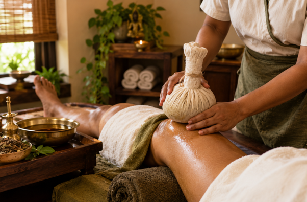 Ayurvedic knee pain treatment in the UAE with warm herbal compress