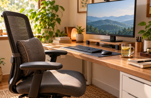 Ergonomic desk setup to prevent back pain and eye strain in the UAE
