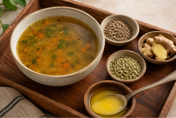 Postnatal Ayurvedic diet with warm spices and ghee for new mothers
